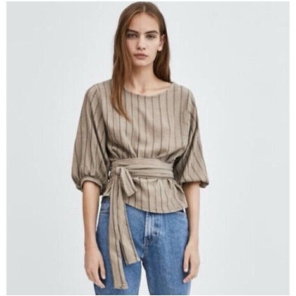 Zara Top Womens Medium Neutal Striped Rustic Waist Tie Muslin Gauzy Boho Peasant - Picture 1 of 7